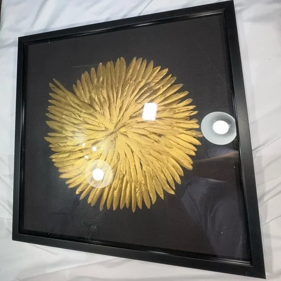 Signed Gold Feather Burst 24x24 Shadow Box Wall Art 1991 Feather Collection